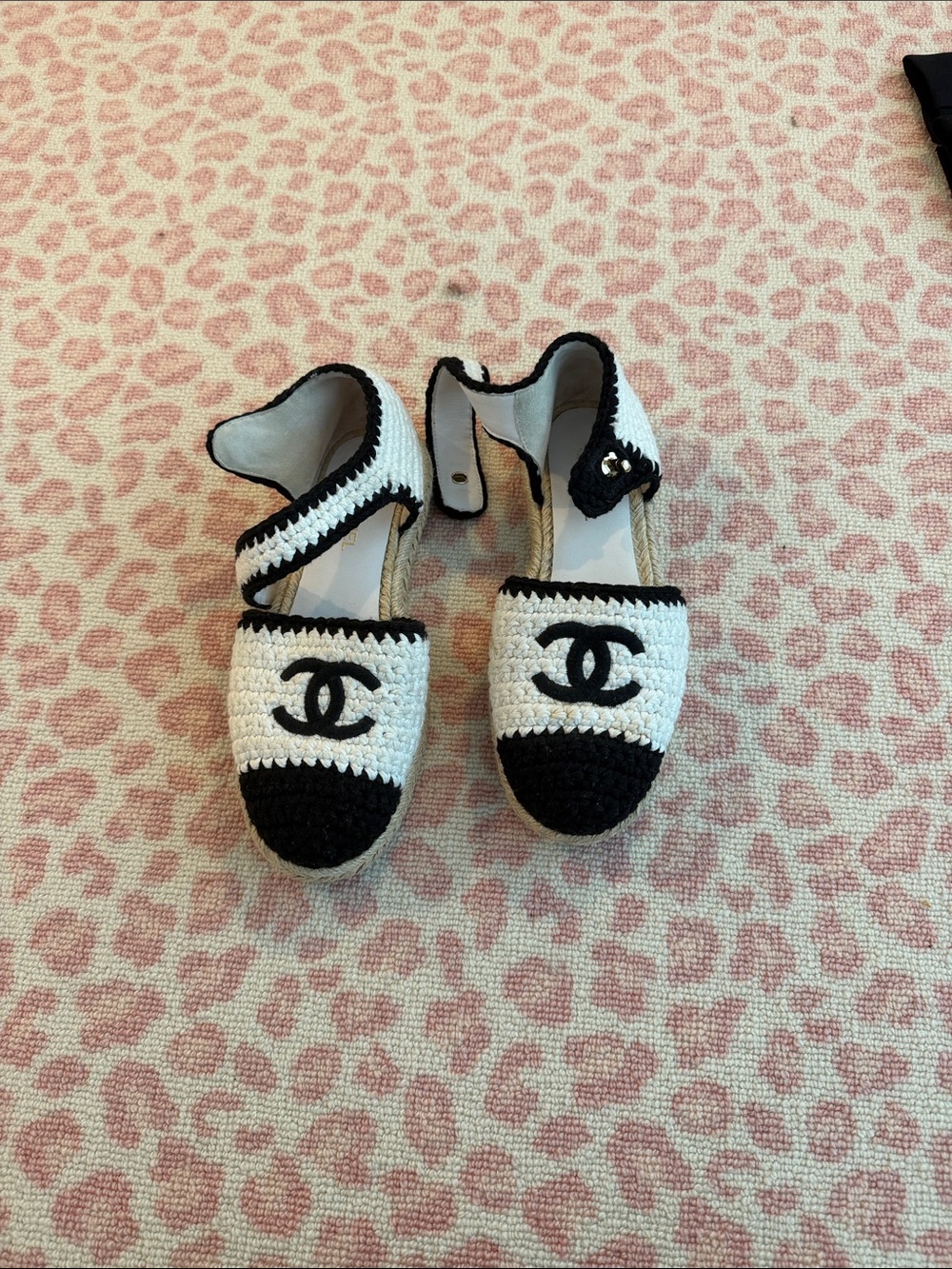 CHANEL Black and White Crochet Espadrille Sandals